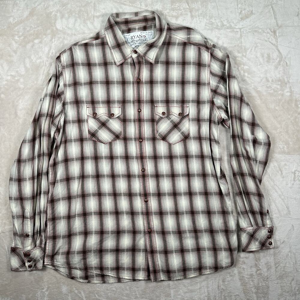 Ryan Michael Western Shirt Beige Mesquite Tribal Plaid Snap Button Mens Size XXL